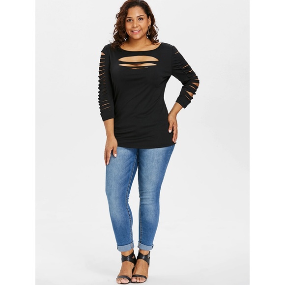 ☀ Black Plus Size Long Sleeve Shredded Top ☀ - Picture 4 of 8